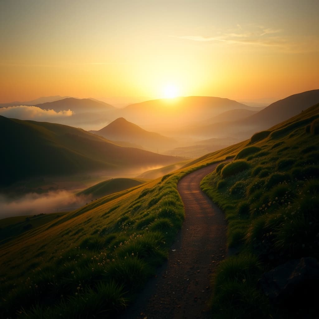 A winding path through green hills at sunrise