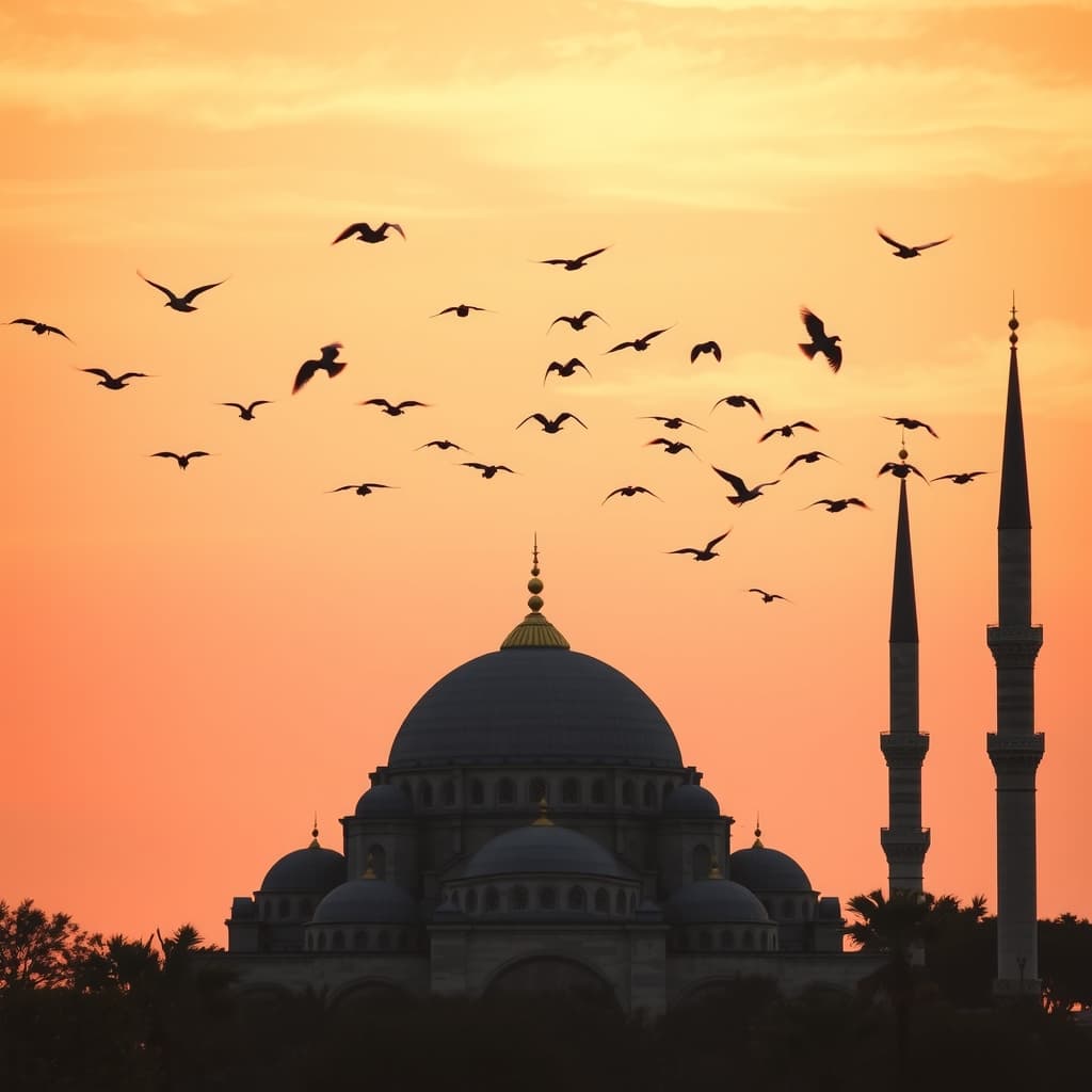 Sunrise over mosque domes and minarets